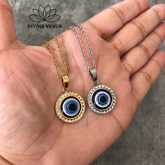 Evil Eye Round Pendant Stainless Steel Necklace - Picture 3 of 8